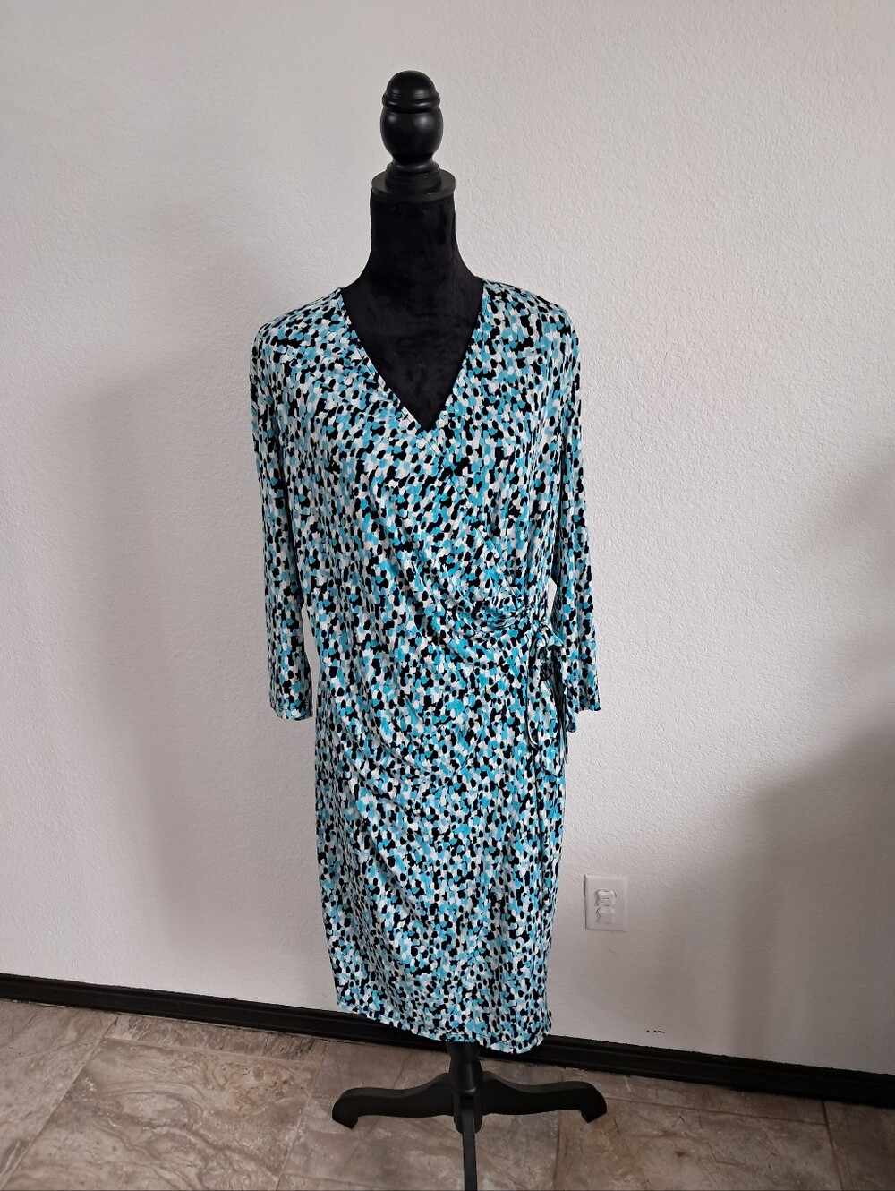 Black Label By Evan Picone 18 Faux Wrap Midi Dress Blue Black White Geometric